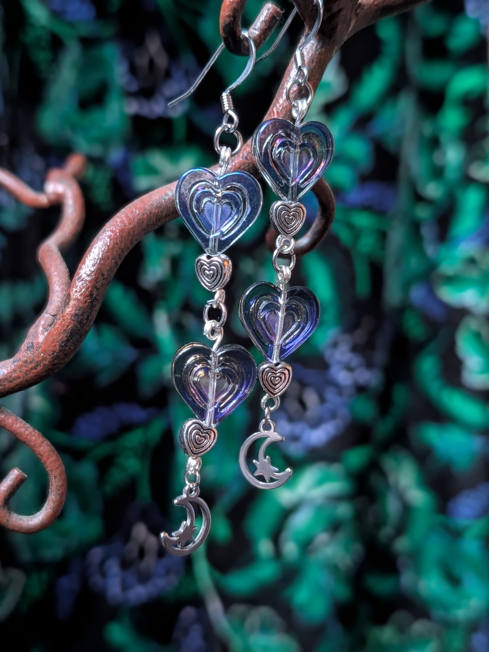 Acrylic Blurple Hearts Dangly Whimsigoth Earrings Handmade